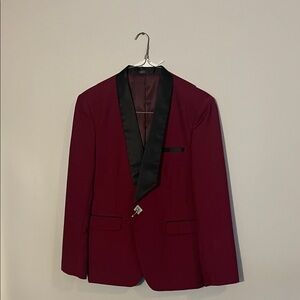 Sophisticated Maroon Tuxedo Jacket with Black Lapel and Vest and Pants XL